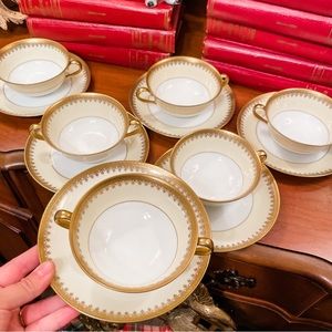Set of 6 Pickard Bouillon Double Handled Cups With Under plates 22k Gold